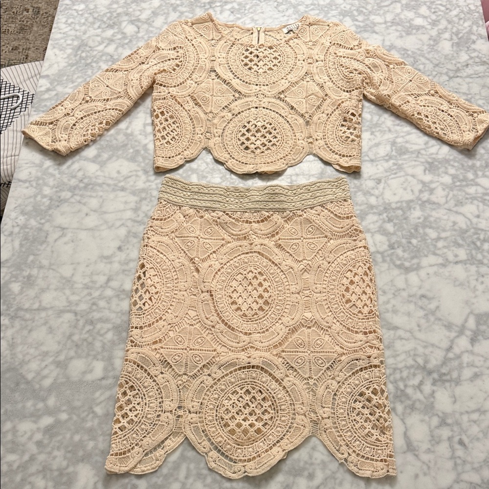Crochet Lace Two-Piece Skirt Set in Light Cream